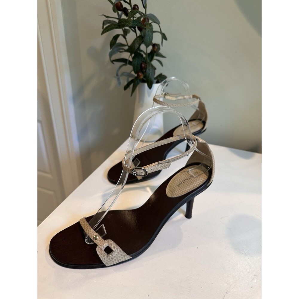 Ann Taylor Snakeskin Ankle Strap Heels Sandals Size 8 Brown Leather Brazil